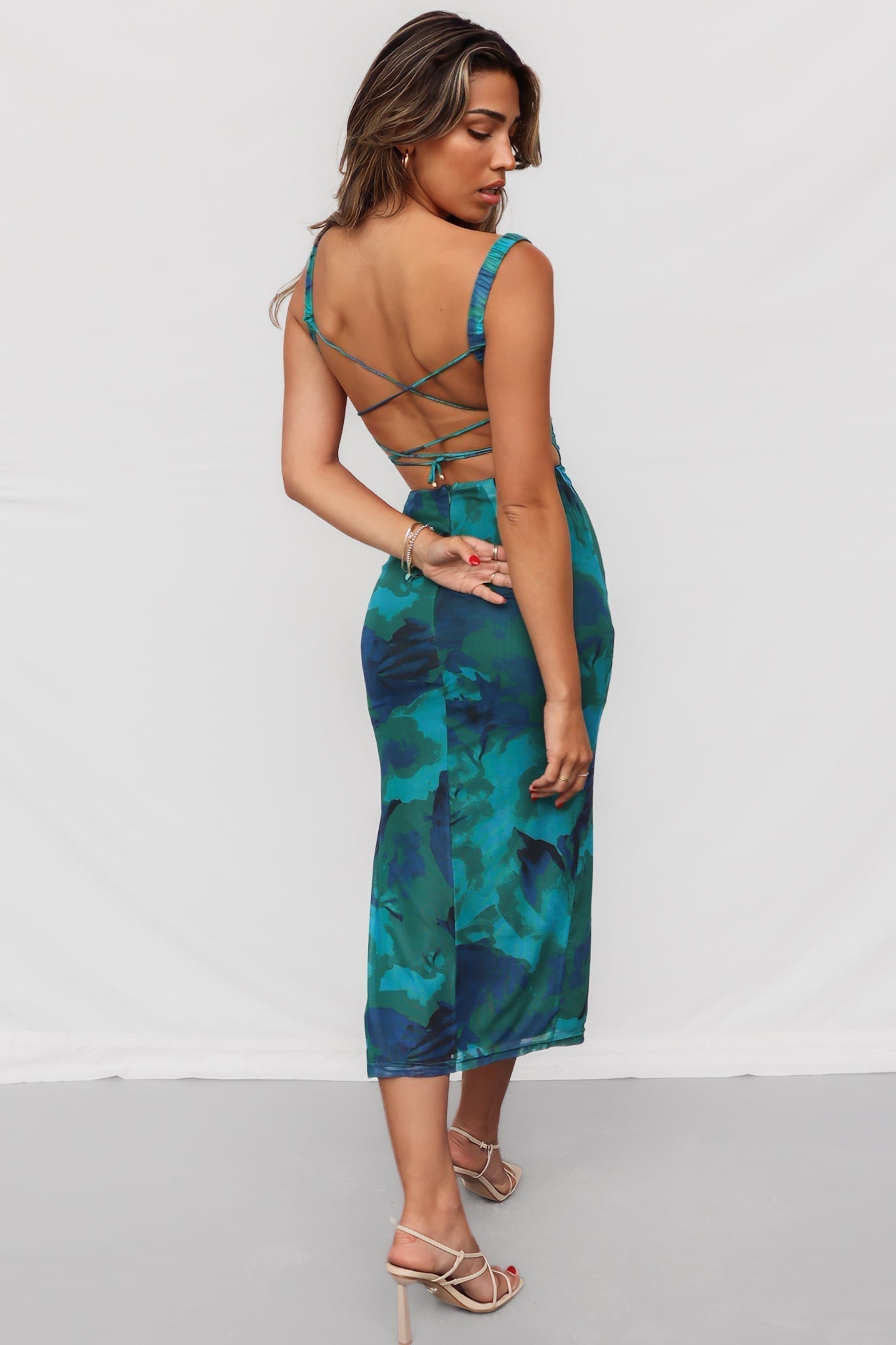 Zira | Floral turquoise midi dress with open back